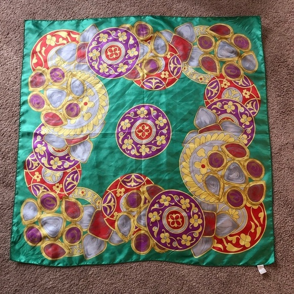 Vintage Berkshire Oversized Scarf Satin Like green gold - Picture 11 of 12